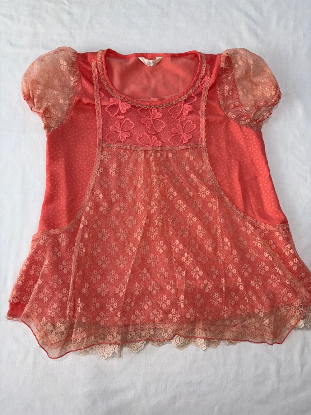 Vintage Coral Lace-Overlay Puff Sleeve Blouse